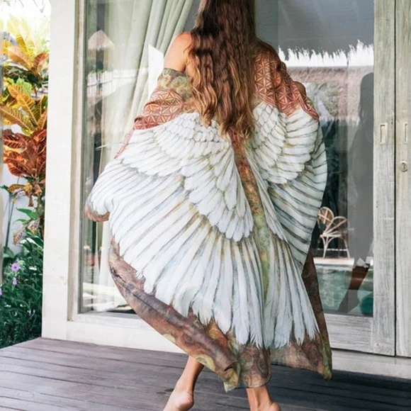 Bohemian Feather Wings Geo Print Kimono Beach Cover up - Picture 13 of 13